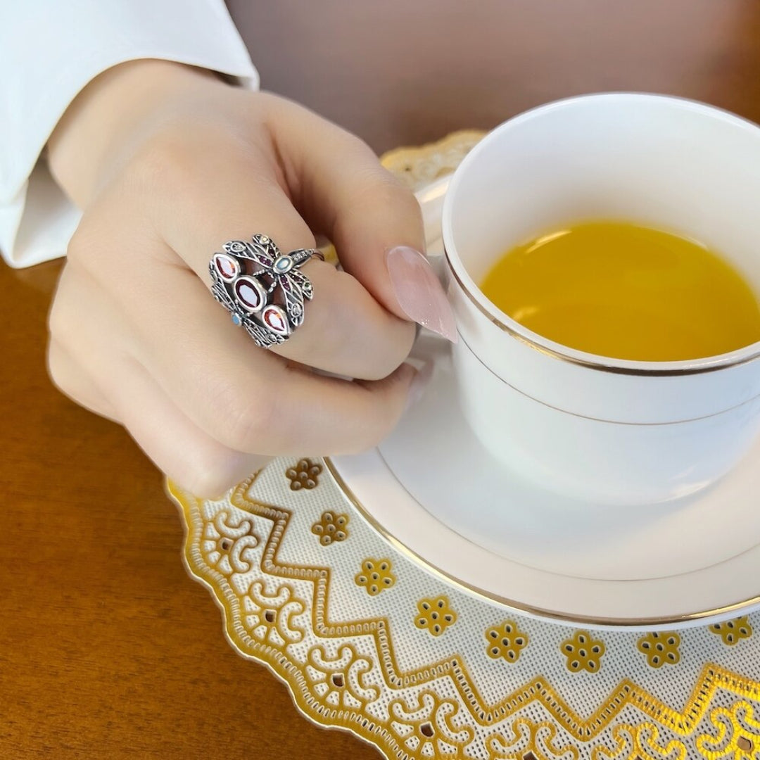 Bohemian Colourful Dragonfly Silver Ring