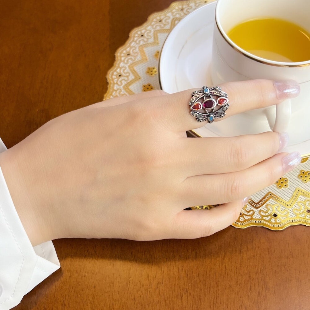 Bohemian Colourful Dragonfly Silver Ring
