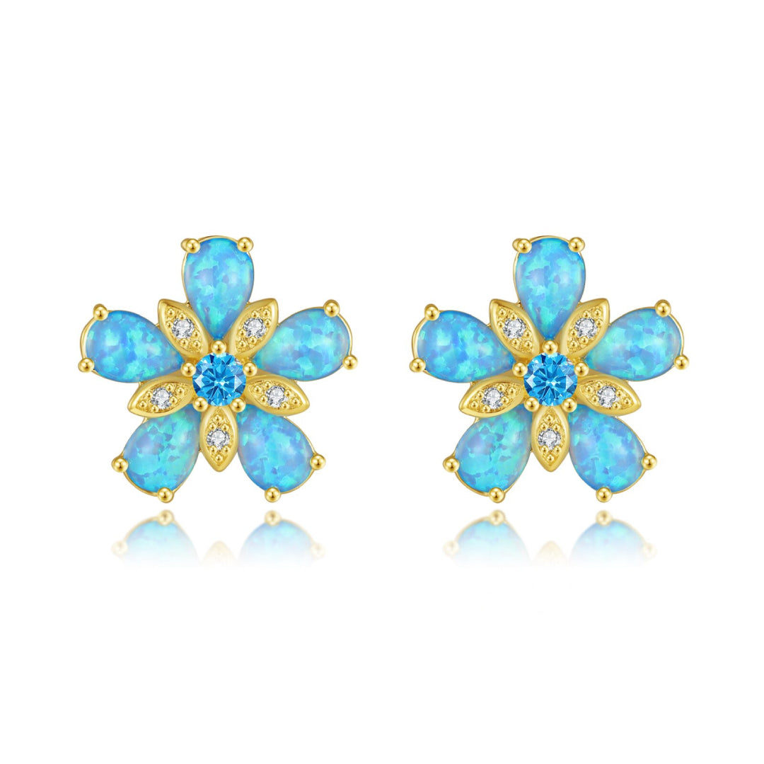 Ocean Blue Fire Opal Flower Stud Earrings - Earrings - Pretland | Spiritual Crystals & Jewelry