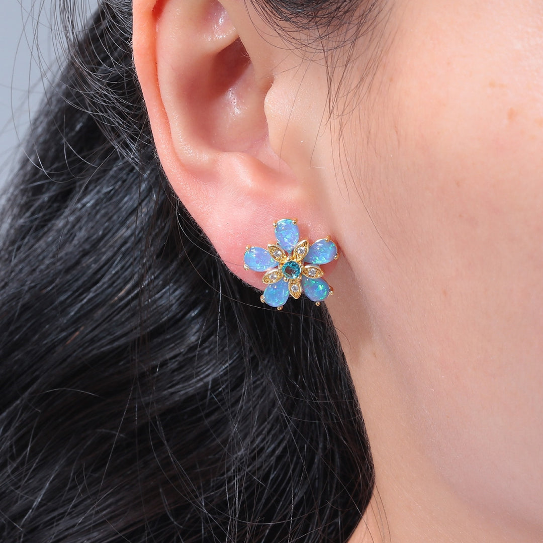 Ocean Blue Fire Opal Flower Stud Earrings - Earrings - Pretland | Spiritual Crystals & Jewelry