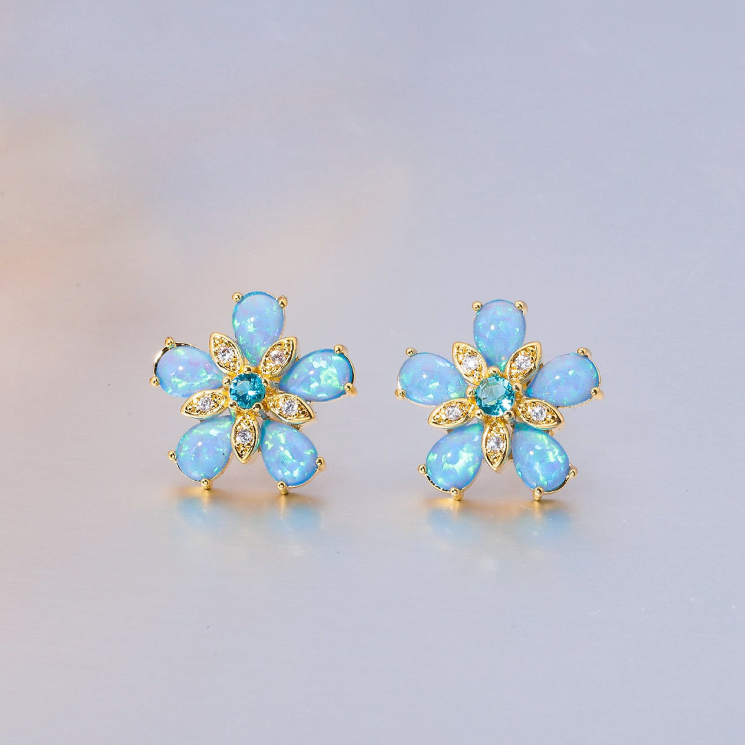 Ocean Blue Fire Opal Flower Stud Earrings - Earrings - Pretland | Spiritual Crystals & Jewelry