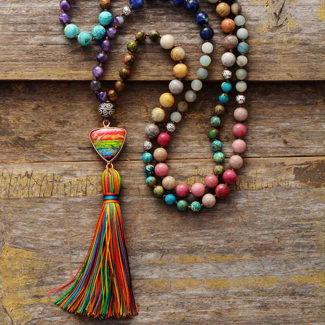 Jasper Chakra Charm Triangle Tassel Necklace - Necklaces - Pretland | Spiritual Crystals & Jewelry