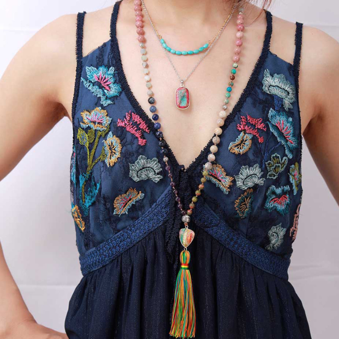 Jasper Chakra Charm Triangle Tassel Necklace - Necklaces - Pretland | Spiritual Crystals & Jewelry