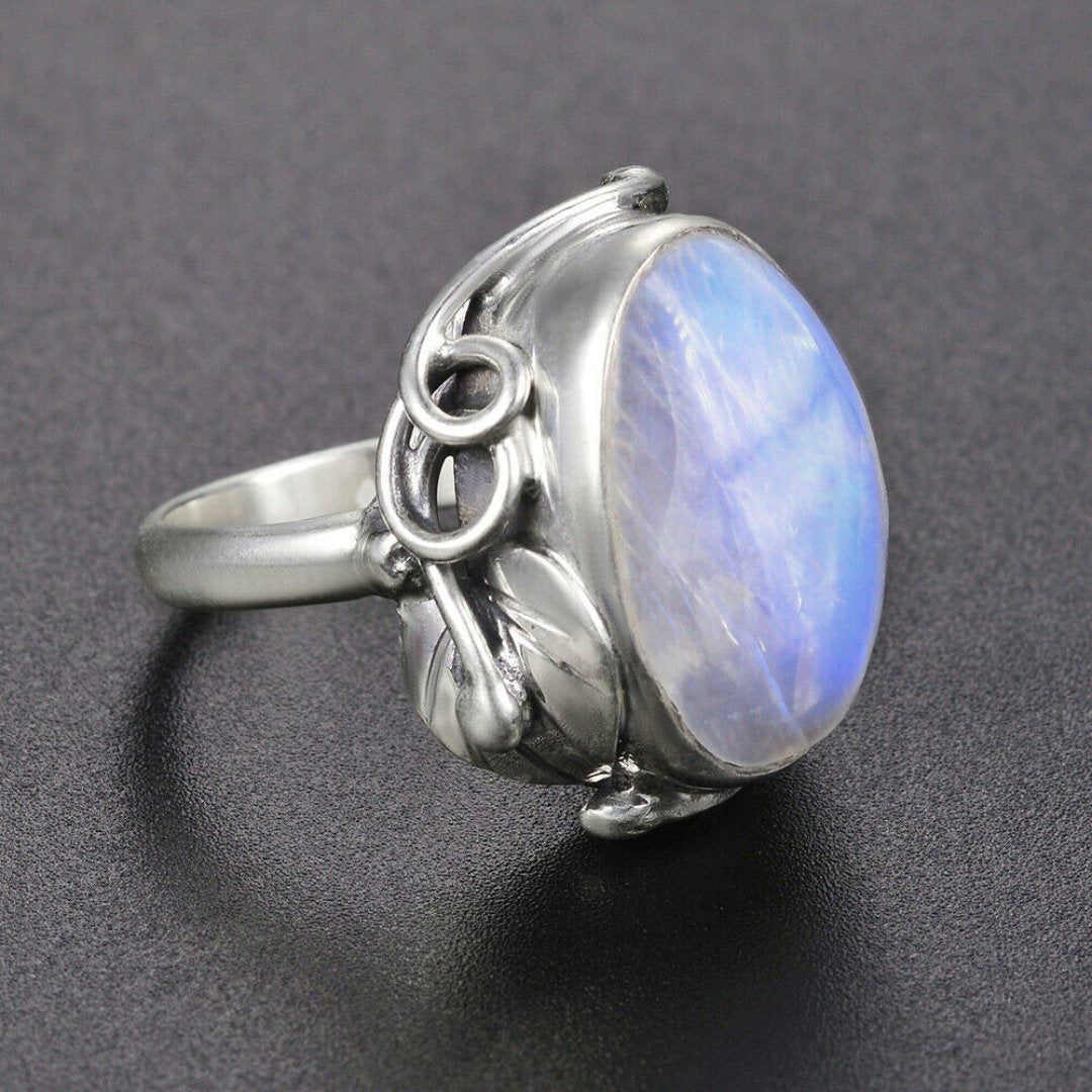 Natural Oval Moonstone Sterling Silver Ring - Rings - Pretland | Spiritual Crystals & Jewelry