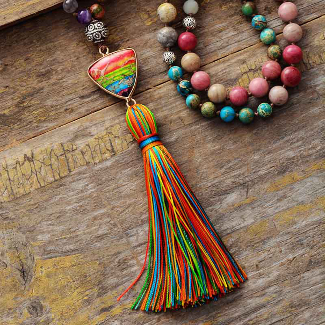 Jasper Chakra Charm Triangle Tassel Necklace - Necklaces - Pretland | Spiritual Crystals & Jewelry