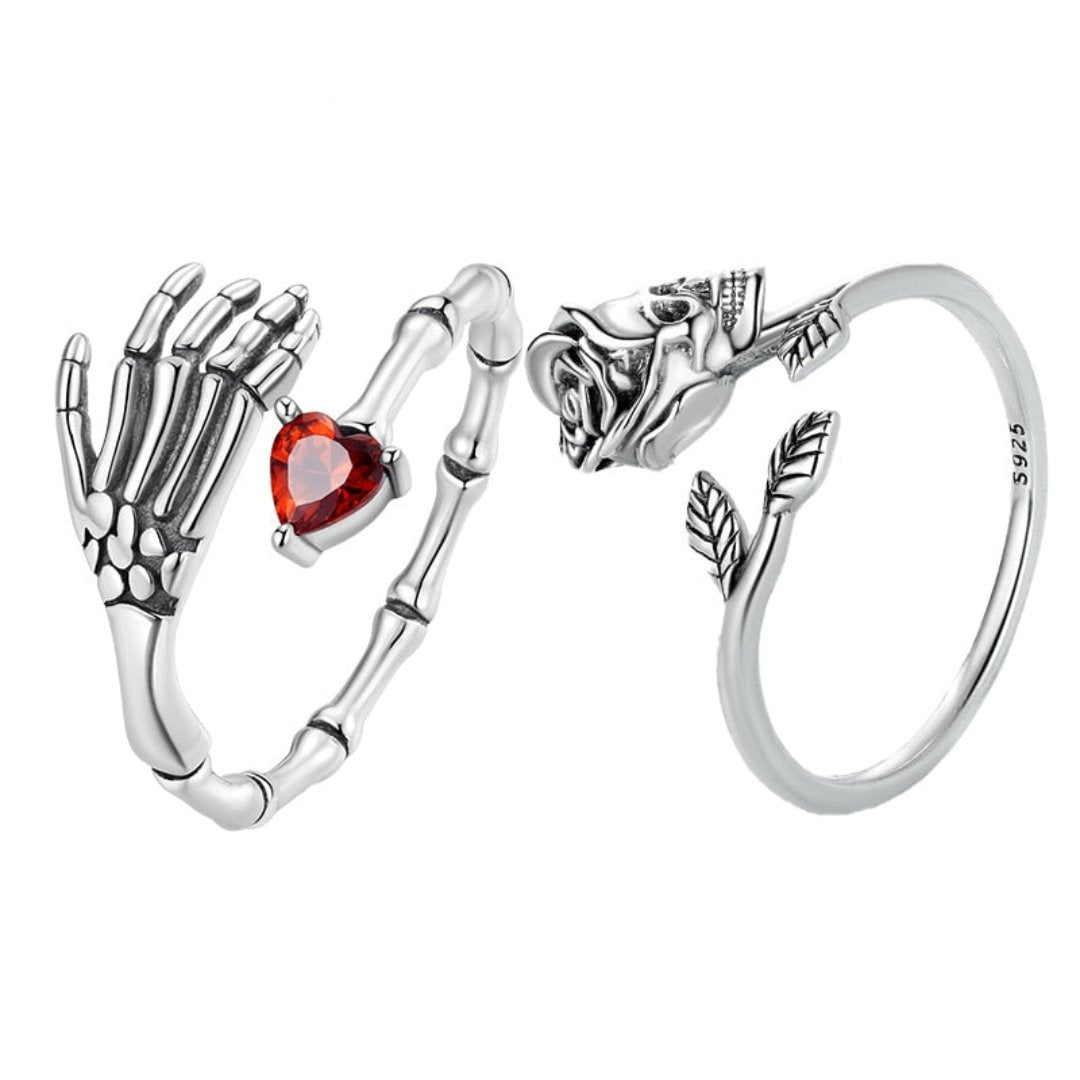 Skull Hand & Skull Rose Silver Adjustable Ring - Rings - Pretland | Spiritual Crystals & Jewelry