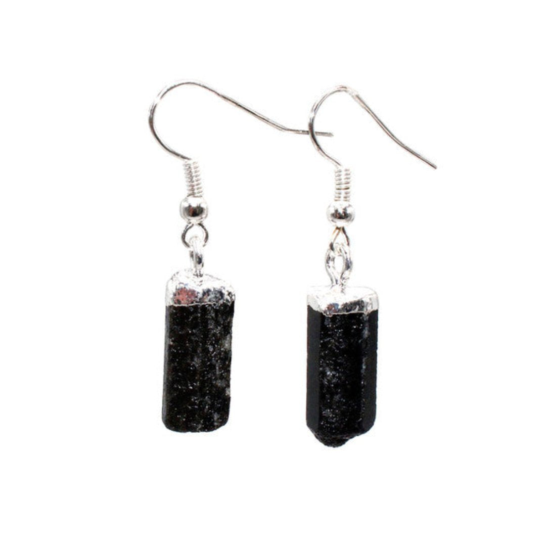 Natural Raw Black Tourmaline Earrings - Silver - Earrings - Pretland | Spiritual Crystals & Jewelry