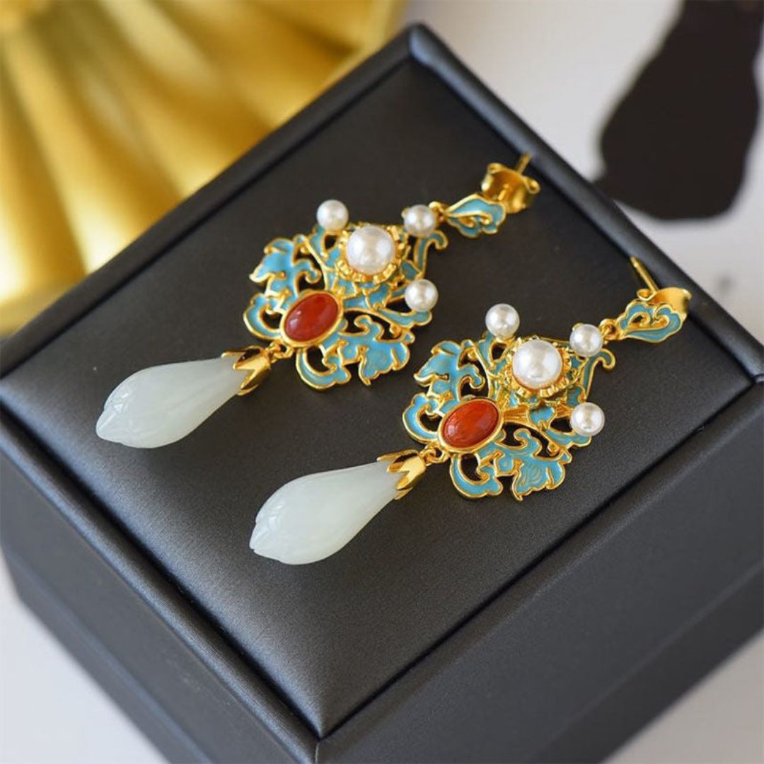 Retro White Magnolia Jade Pearl Earrings - Earrings - Pretland | Spiritual Crystals & Jewelry