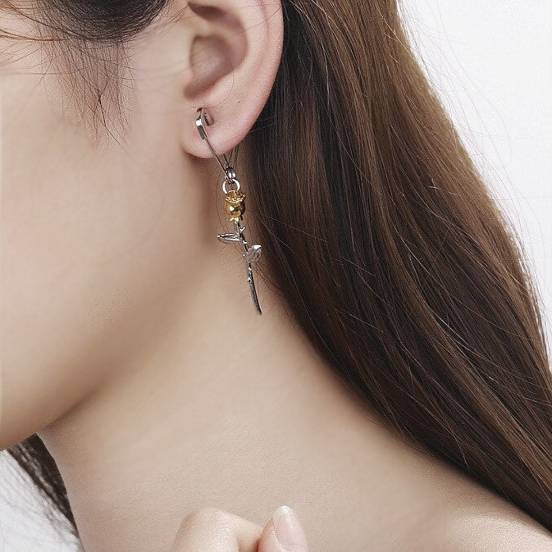 Shahmaran Rose Silver Single Earring - Drop Earrings - Pretland | Spiritual Crystals & Jewelry