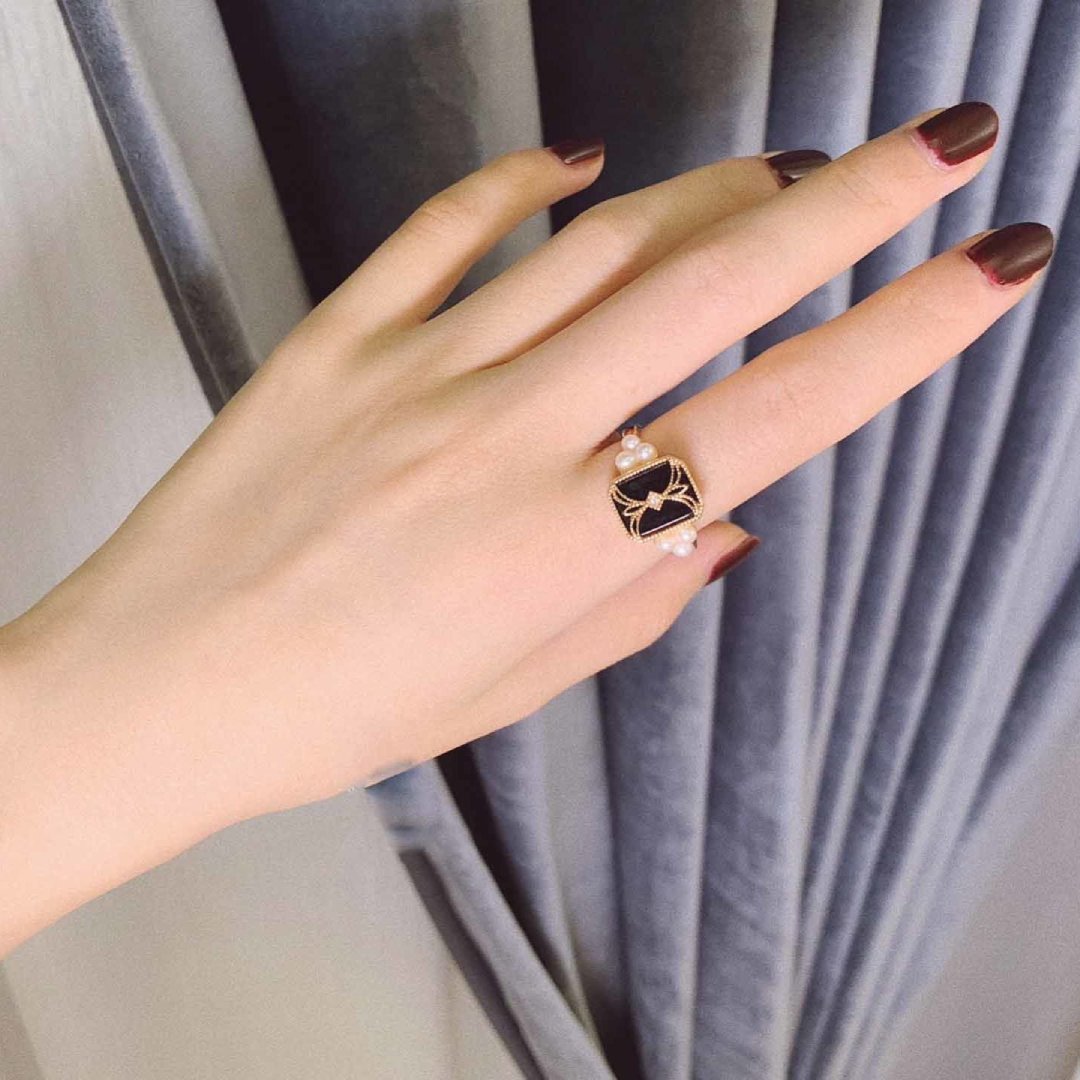 Retro Black Agate & Pearl Adjustable Ring - Rings - Pretland | Spiritual Crystals & Jewelry