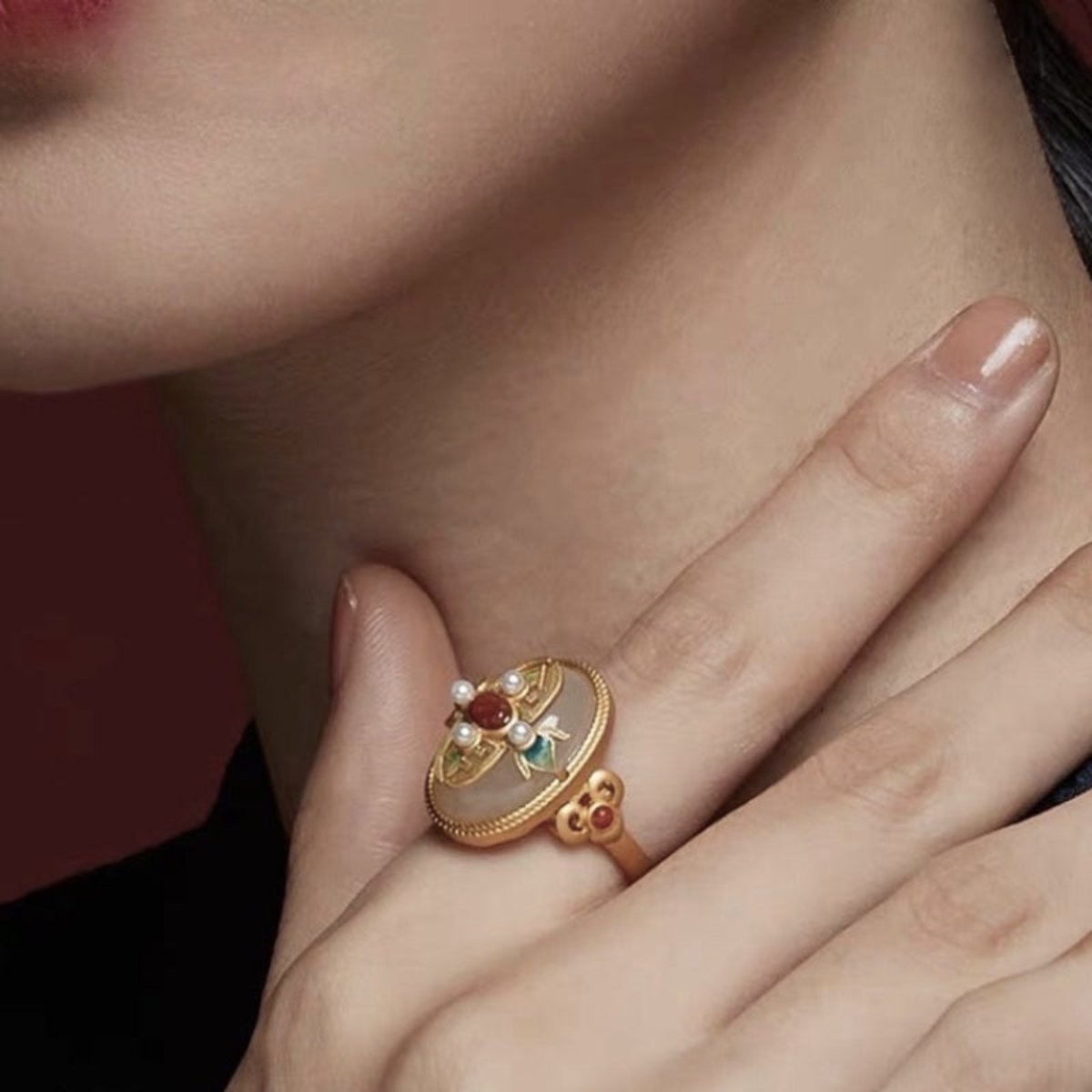Ethnic Gold Plated Jade Agate Pearl Adjustable Ring - Rings - Pretland | Spiritual Crystals & Jewelry