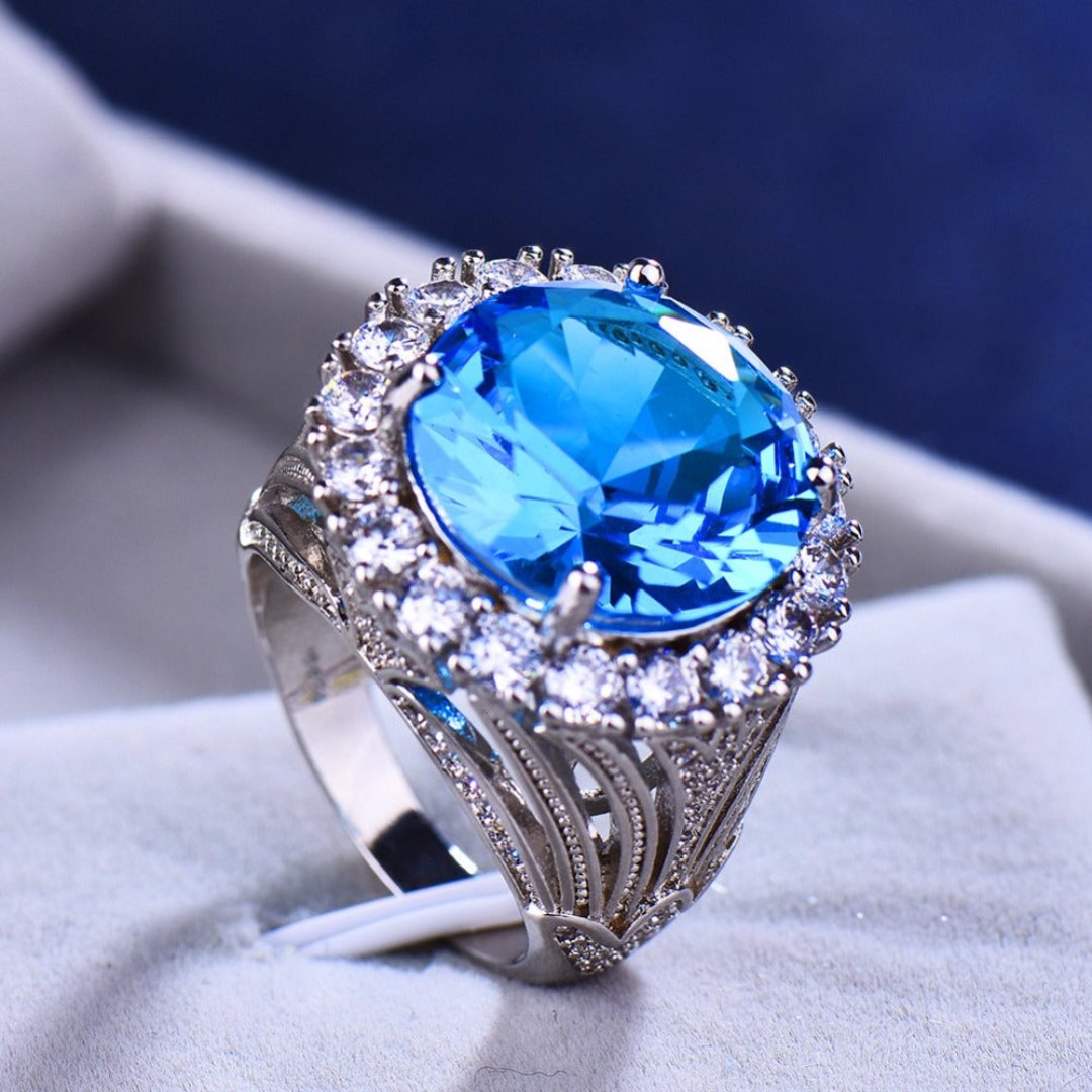 Luxury Big Blue Aquamarine Silver Ring - Rings - Pretland | Spiritual Crystals & Jewelry