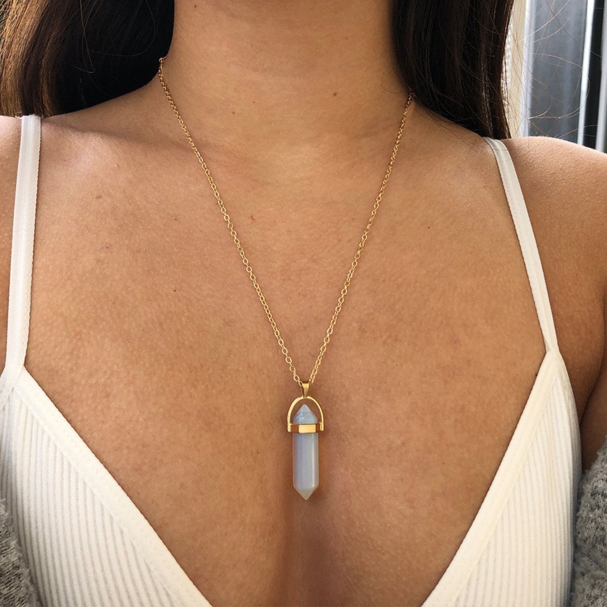 Elegant Opal Stone Hexagonal Column Necklace - Necklaces - Pretland | Spiritual Crystals & Jewelry