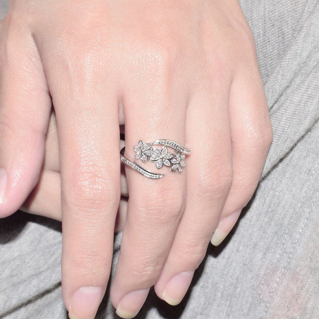 Chic Rhinestone Flowers Adjustable Silver Ring - Rings - Pretland | Spiritual Crystals & Jewelry