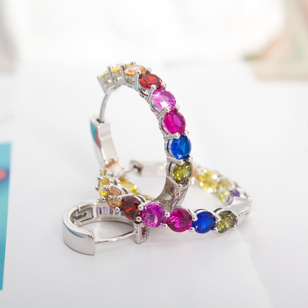 Colorful Zirconia 925 Sterling Silver Hoop Earrings - Earrings - Pretland | Spiritual Crystals & Jewelry