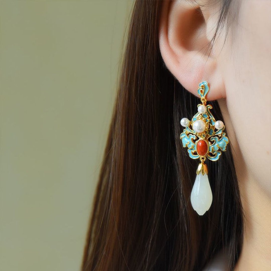 Retro White Magnolia Jade Pearl Earrings - Earrings - Pretland | Spiritual Crystals & Jewelry
