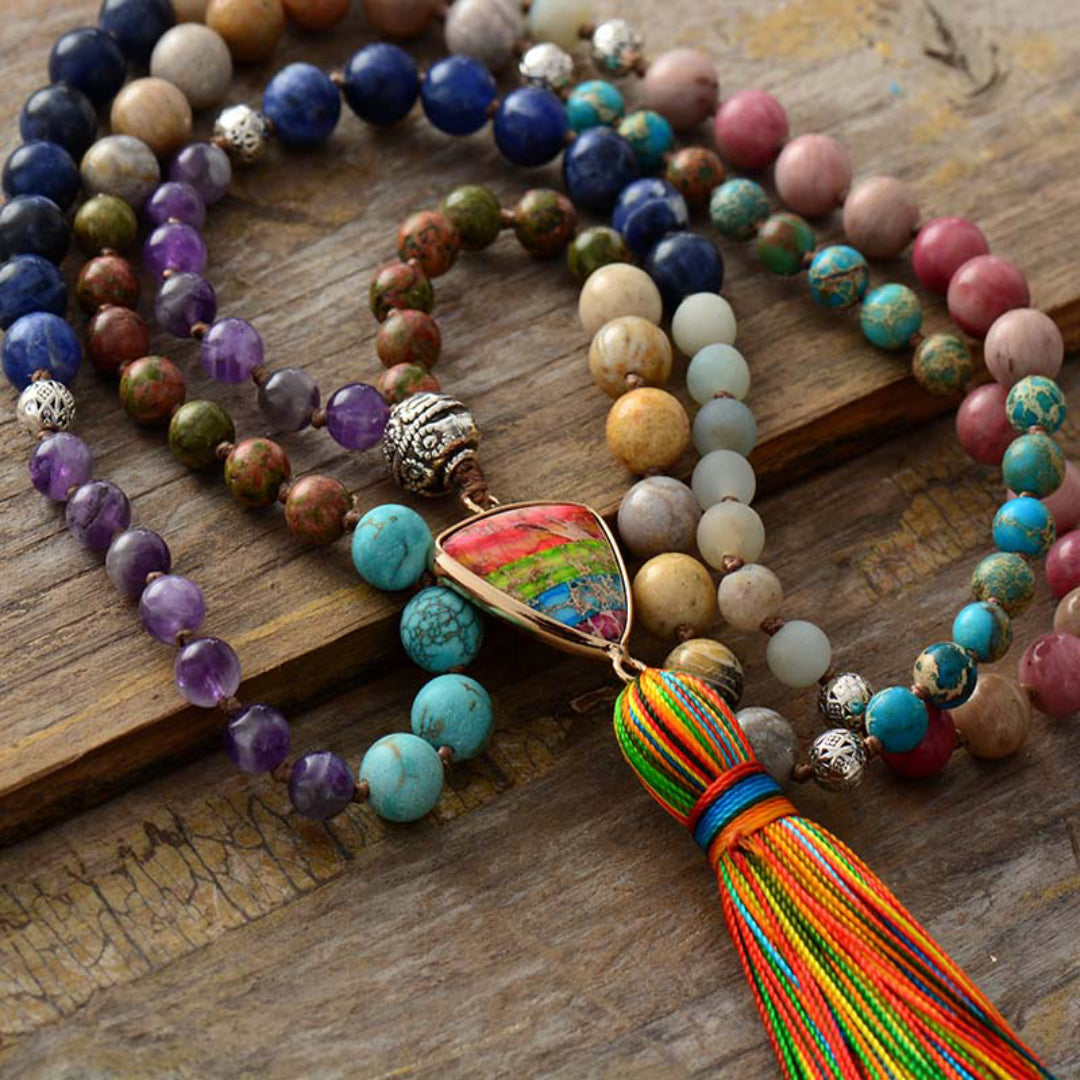 Jasper Chakra Charm Triangle Tassel Necklace - Necklaces - Pretland | Spiritual Crystals & Jewelry