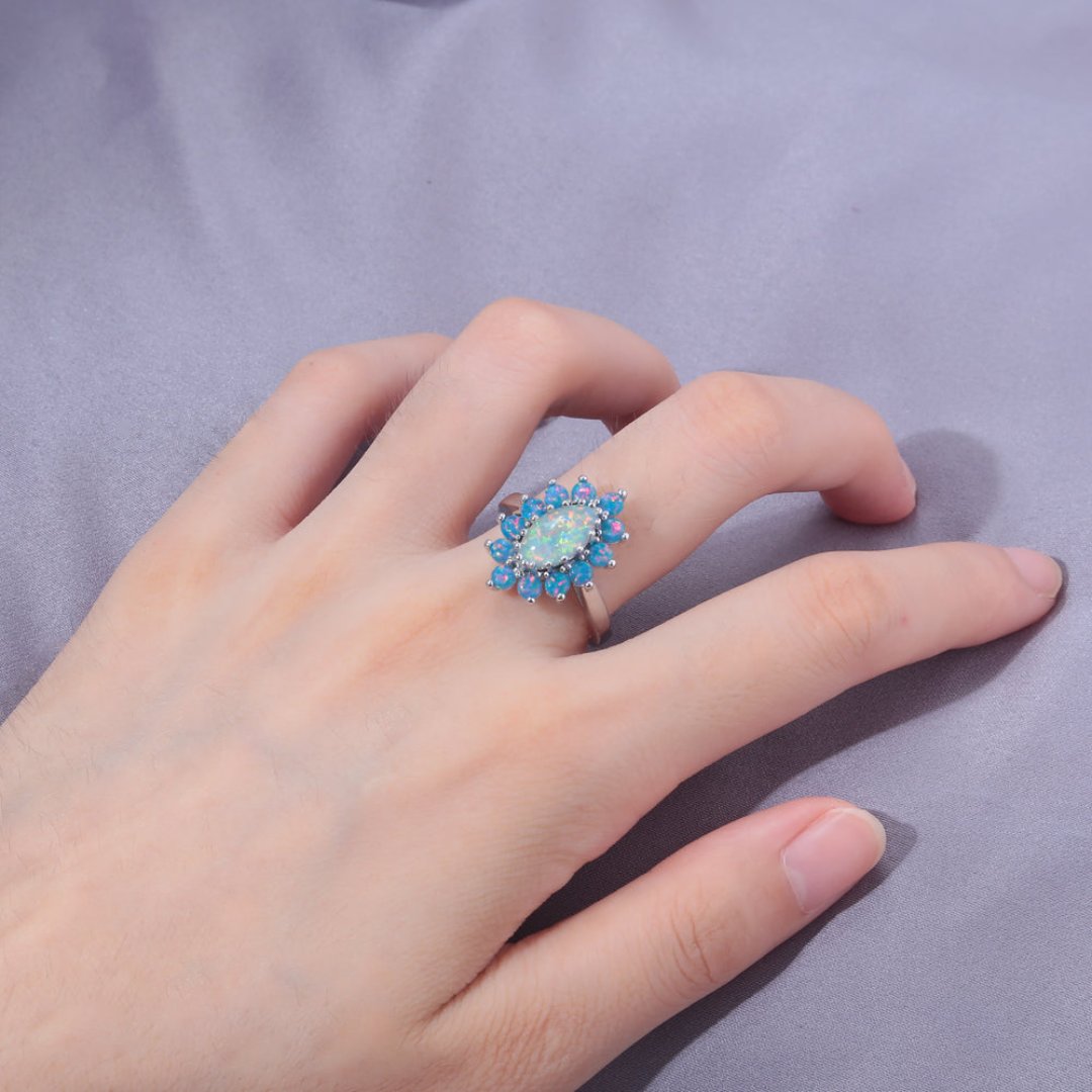 White & Blue Fire Opal Silver Plated Ring - Rings - Pretland | Spiritual Crystals & Jewelry
