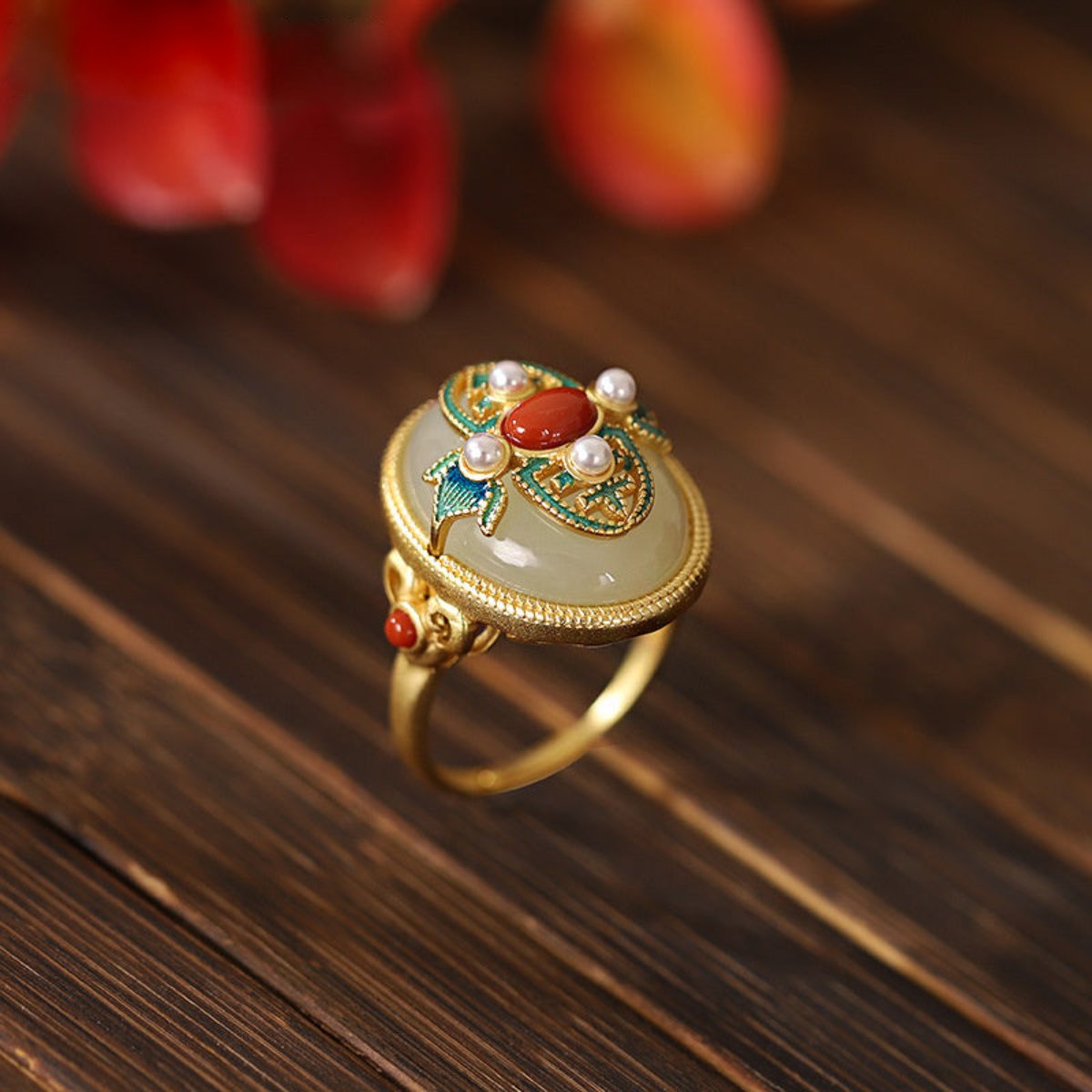 Ethnic Gold Plated Jade Agate Pearl Adjustable Ring - Rings - Pretland | Spiritual Crystals & Jewelry