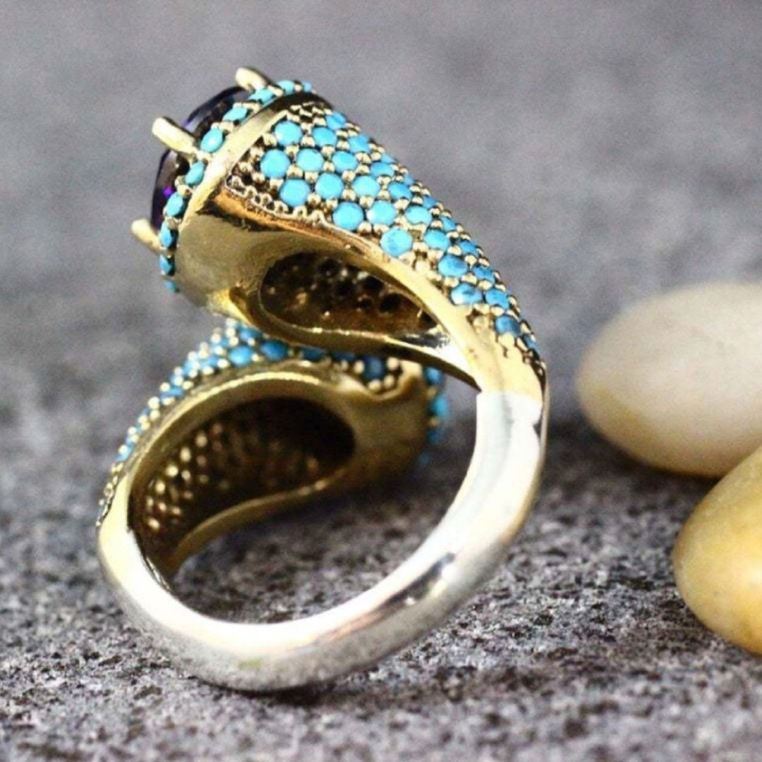 Retro Amethyst & Turquoise Ring - Rings - Pretland | Spiritual Crystals & Jewelry