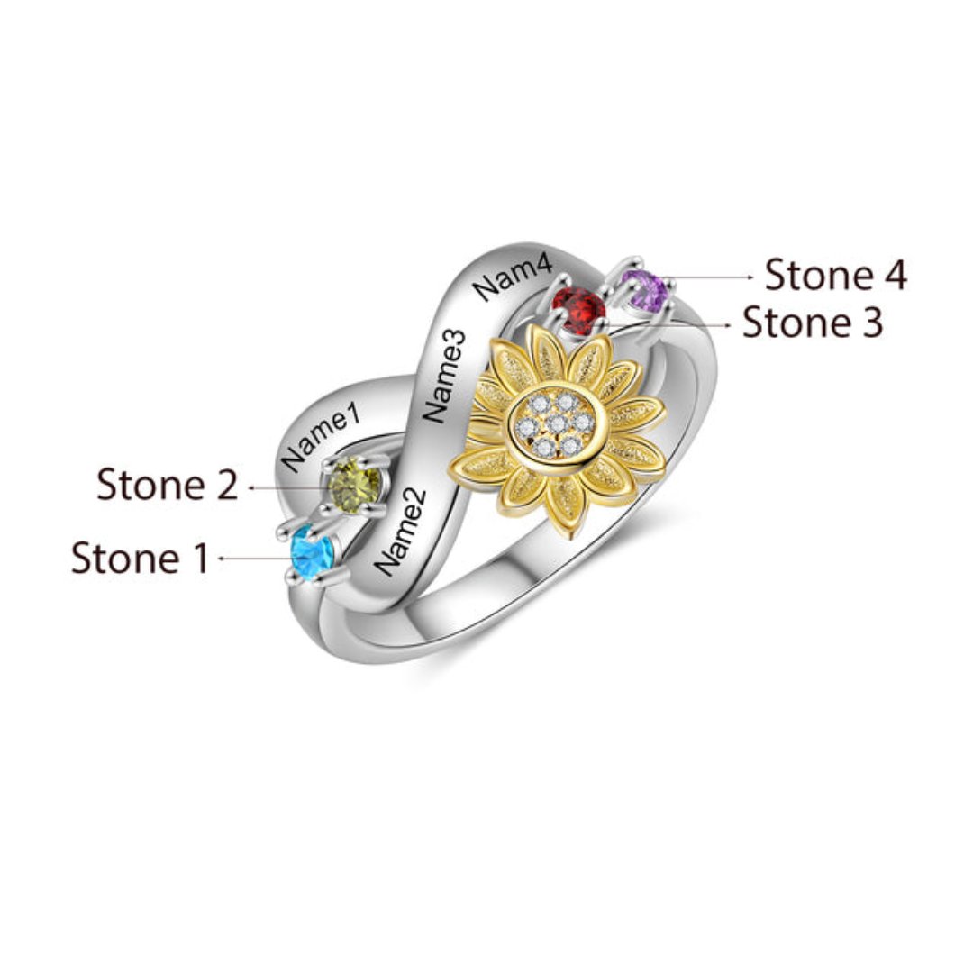 Chic Sunflower Crystal Personalized Ring - 6 / 4 Names - 4 Stones - Rings - Pretland | Spiritual Crystals & Jewelry
