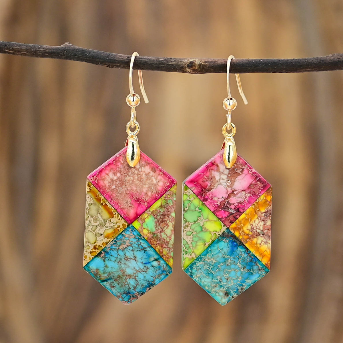 Hexagonal Jasper Earrings - Gold - Earrings - Pretland | Spiritual Crystals & Jewelry