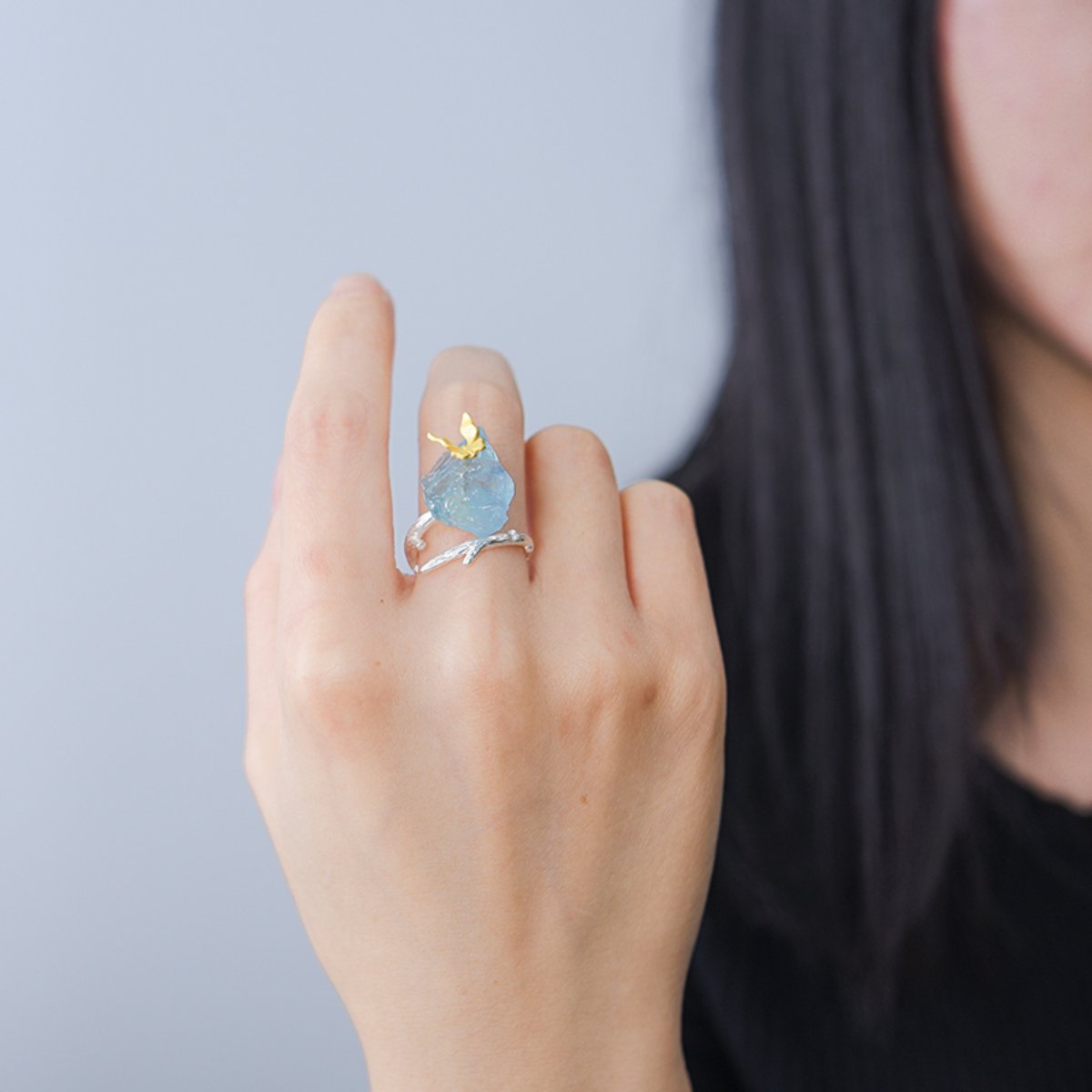 Vintage Butterfly Aquamarine Stone Adjustable Ring - Rings - Pretland | Spiritual Crystals & Jewelry