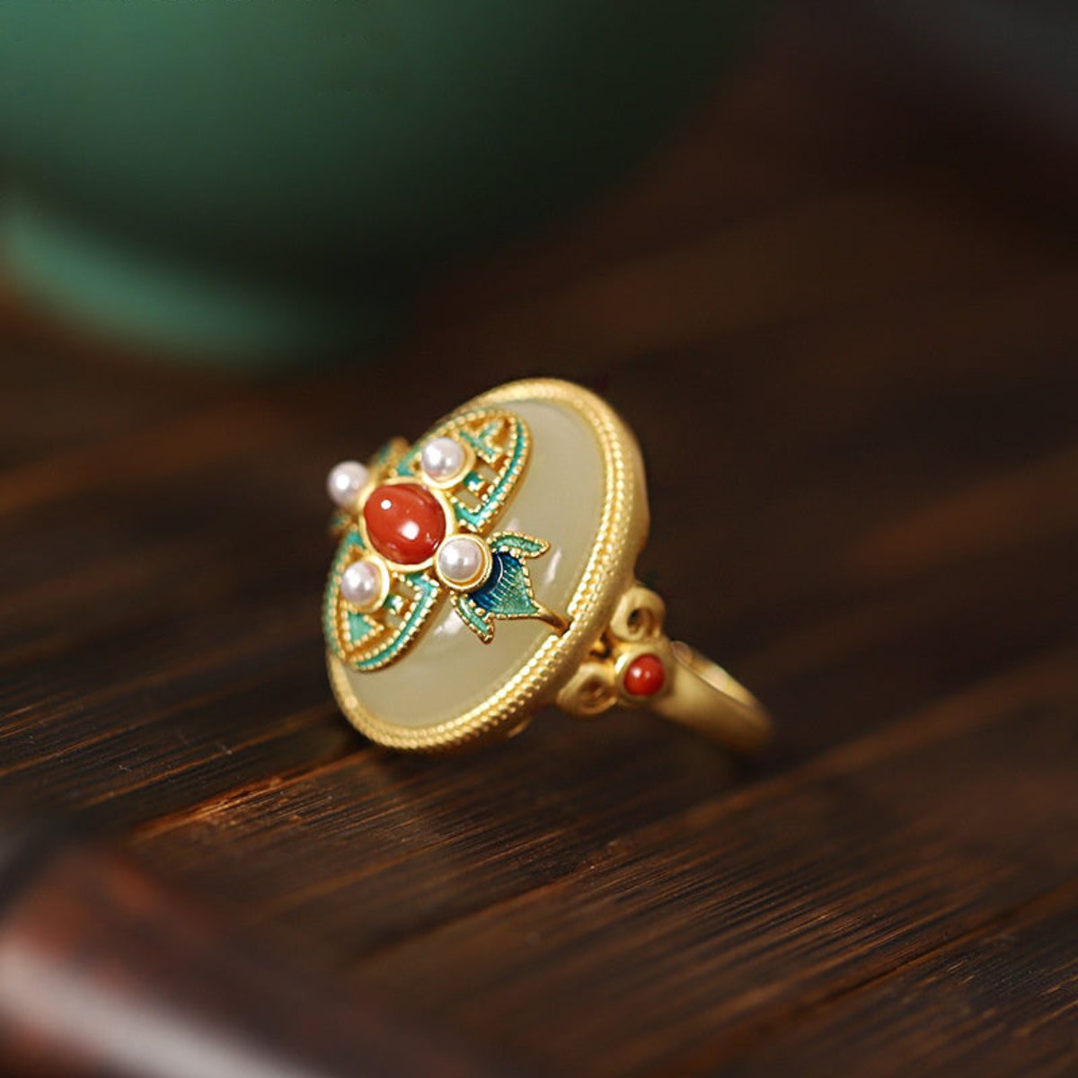 Ethnic Gold Plated Jade Agate Pearl Adjustable Ring - Rings - Pretland | Spiritual Crystals & Jewelry