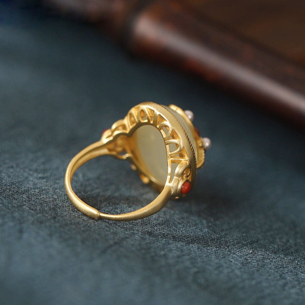 Ethnic Gold Plated Jade Agate Pearl Adjustable Ring - Rings - Pretland | Spiritual Crystals & Jewelry