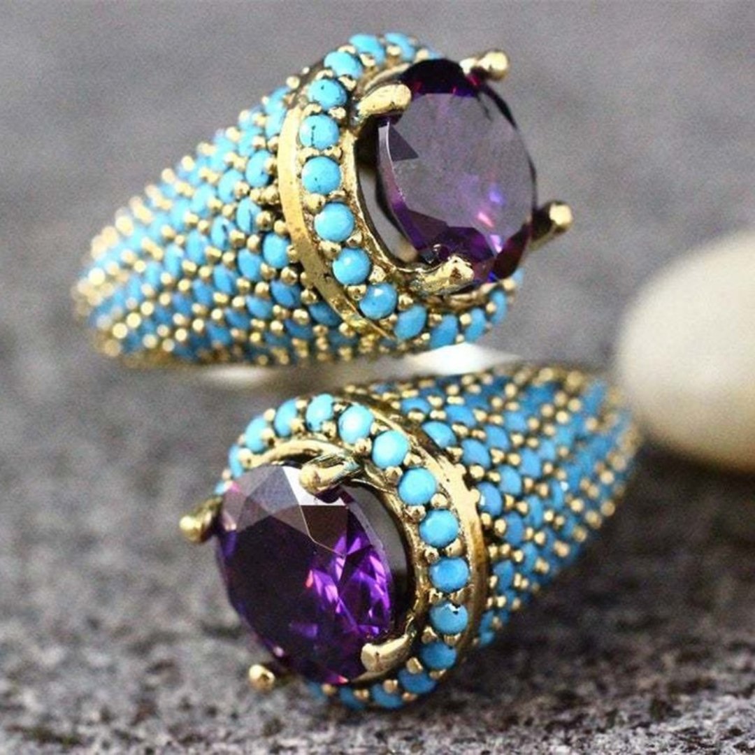 Retro Amethyst & Turquoise Ring - Rings - Pretland | Spiritual Crystals & Jewelry