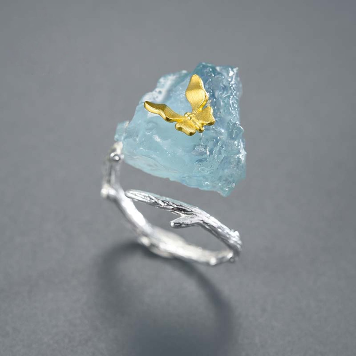 Vintage Butterfly Aquamarine Stone Adjustable Ring - Gold - Rings - Pretland | Spiritual Crystals & Jewelry