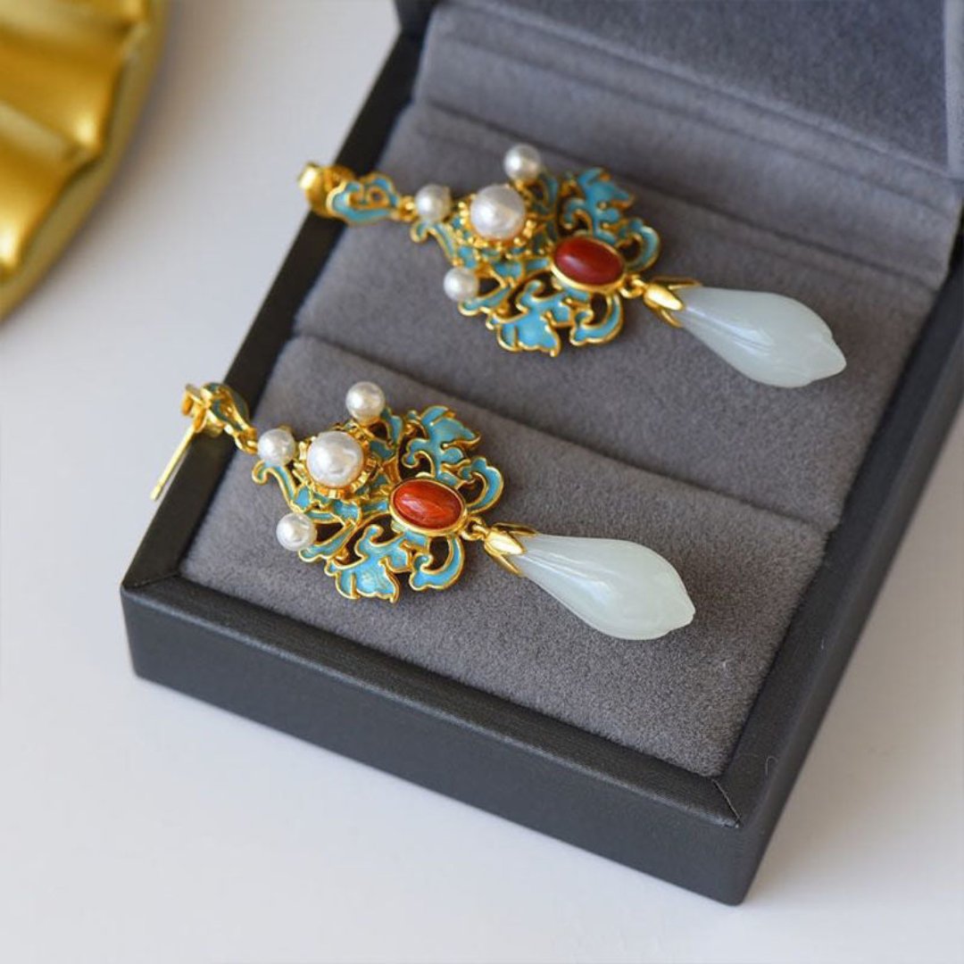 Retro White Magnolia Jade Pearl Earrings - Earrings - Pretland | Spiritual Crystals & Jewelry