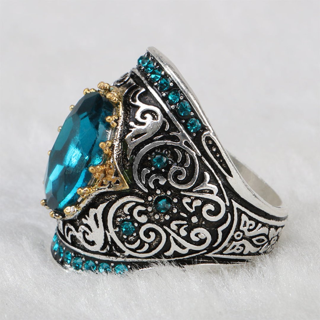 Aquamarine Turkish Mosaic Silver Ring - Rings - Pretland | Spiritual Crystals & Jewelry