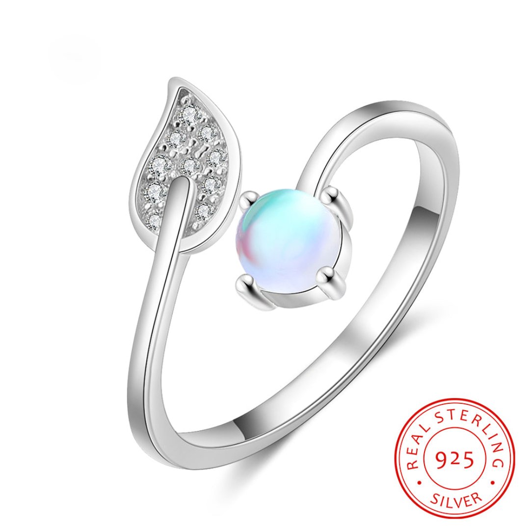 Leaf Zirconia & Moonstone Silver Adjustable Ring - Rings - Pretland | Spiritual Crystals & Jewelry