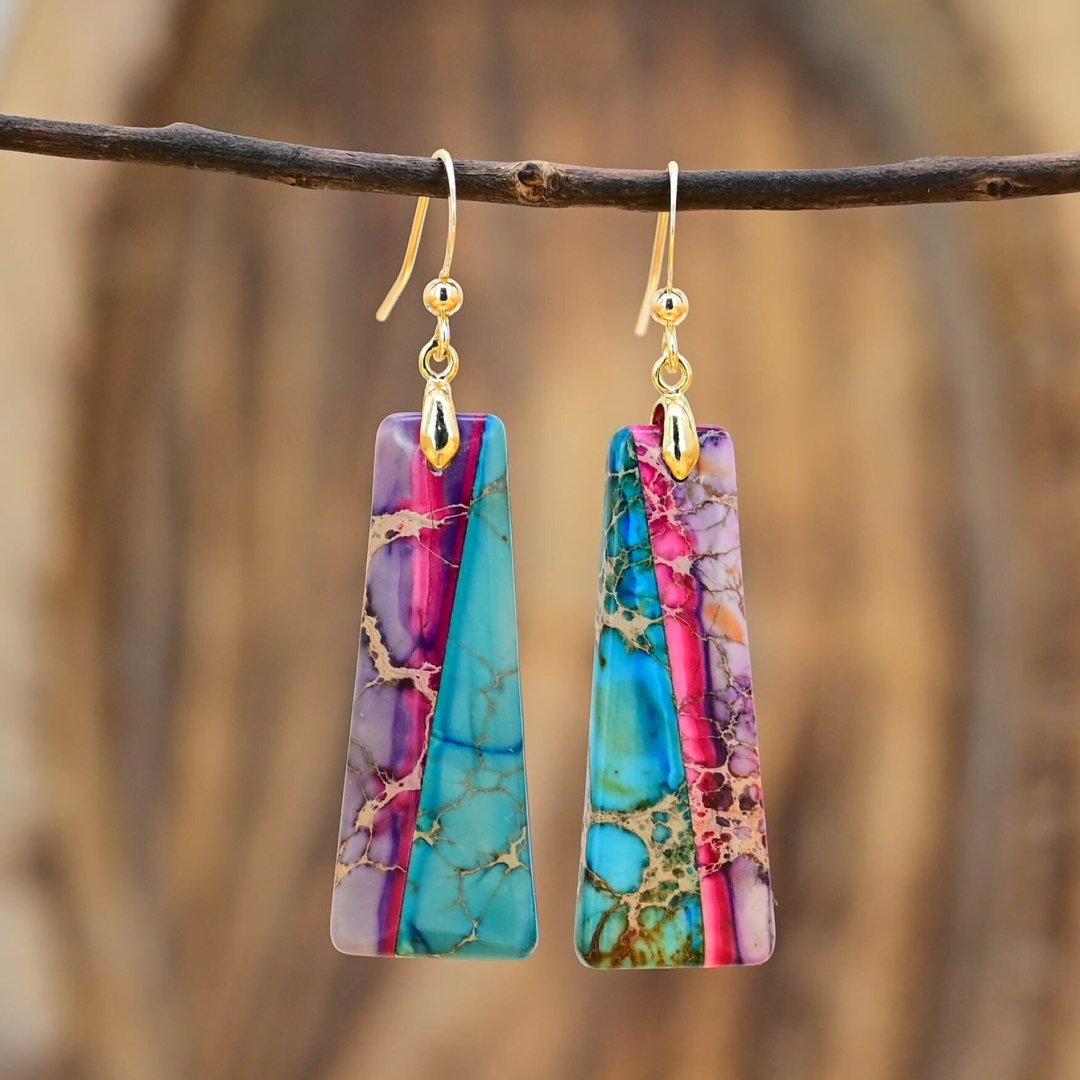 Bohemian Trapezoidal Jasper Earrings - Gold - Drop Earrings - Pretland | Spiritual Crystals & Jewelry