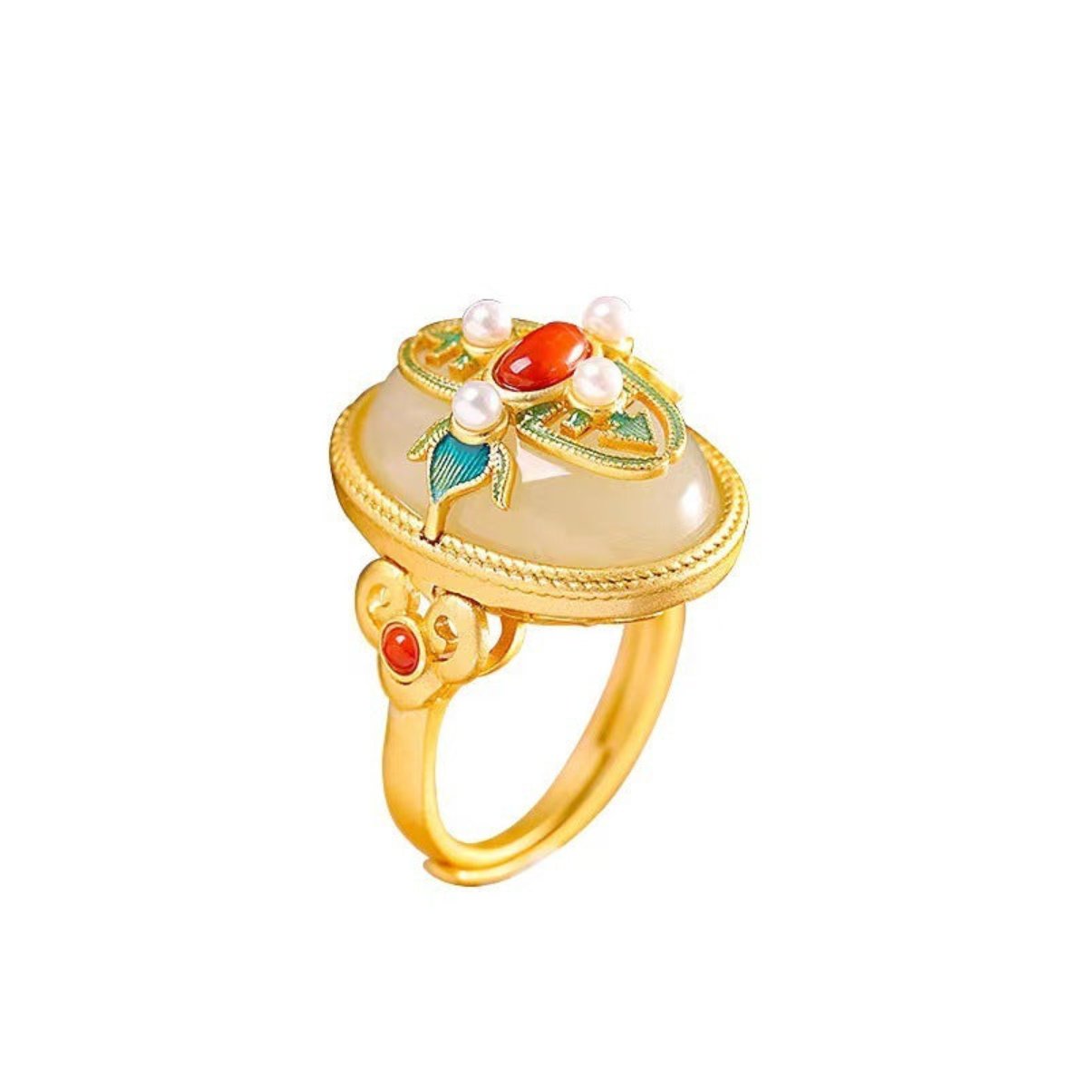 Ethnic Gold Plated Jade Agate Pearl Adjustable Ring - Rings - Pretland | Spiritual Crystals & Jewelry