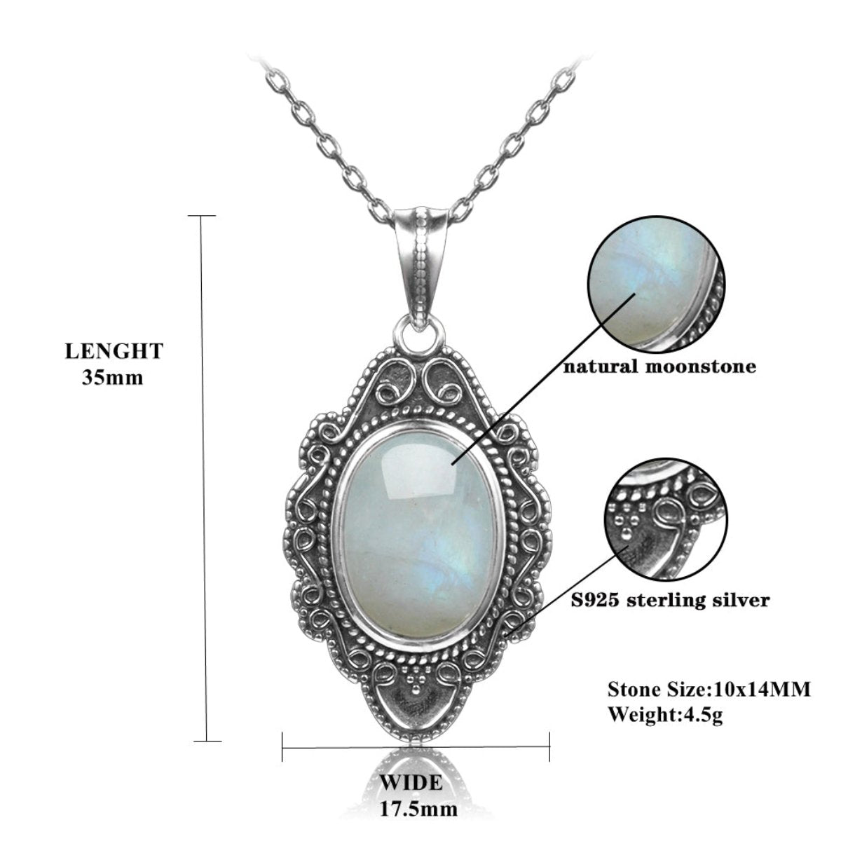Vintage Natural Moonstone Sterling Silver Necklace - Necklaces - Pretland | Spiritual Crystals & Jewelry