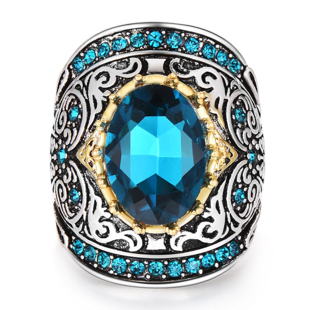 Aquamarine Turkish Mosaic Silver Ring - Rings - Pretland | Spiritual Crystals & Jewelry