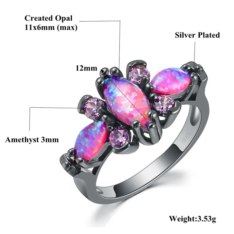 Butterfly Pink Big Fire Opal Black Gold Ring