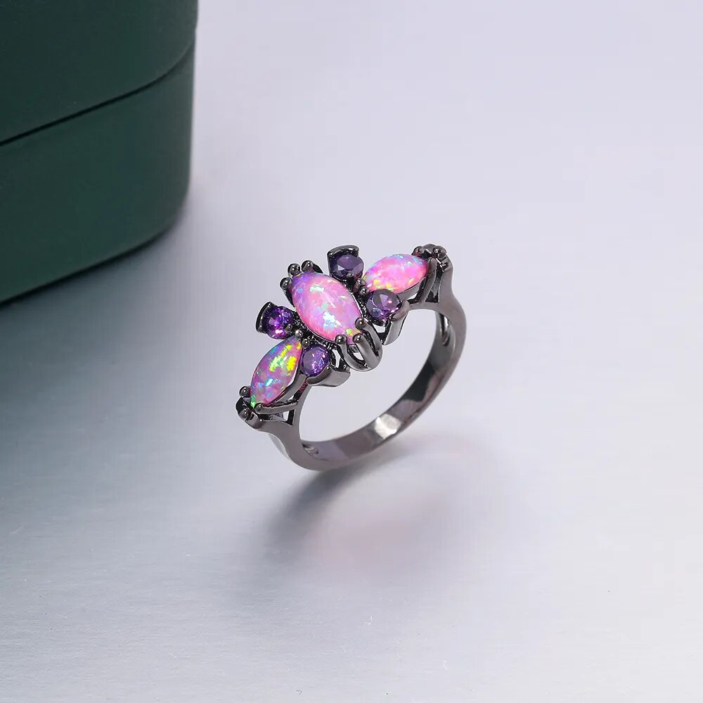 Butterfly Pink Big Fire Opal Black Gold Ring