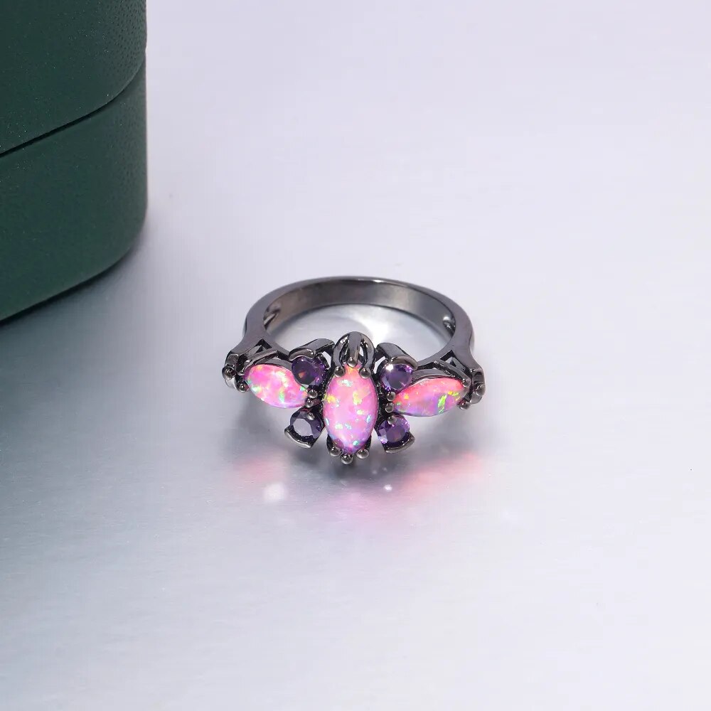 Butterfly Pink Big Fire Opal Black Gold Ring