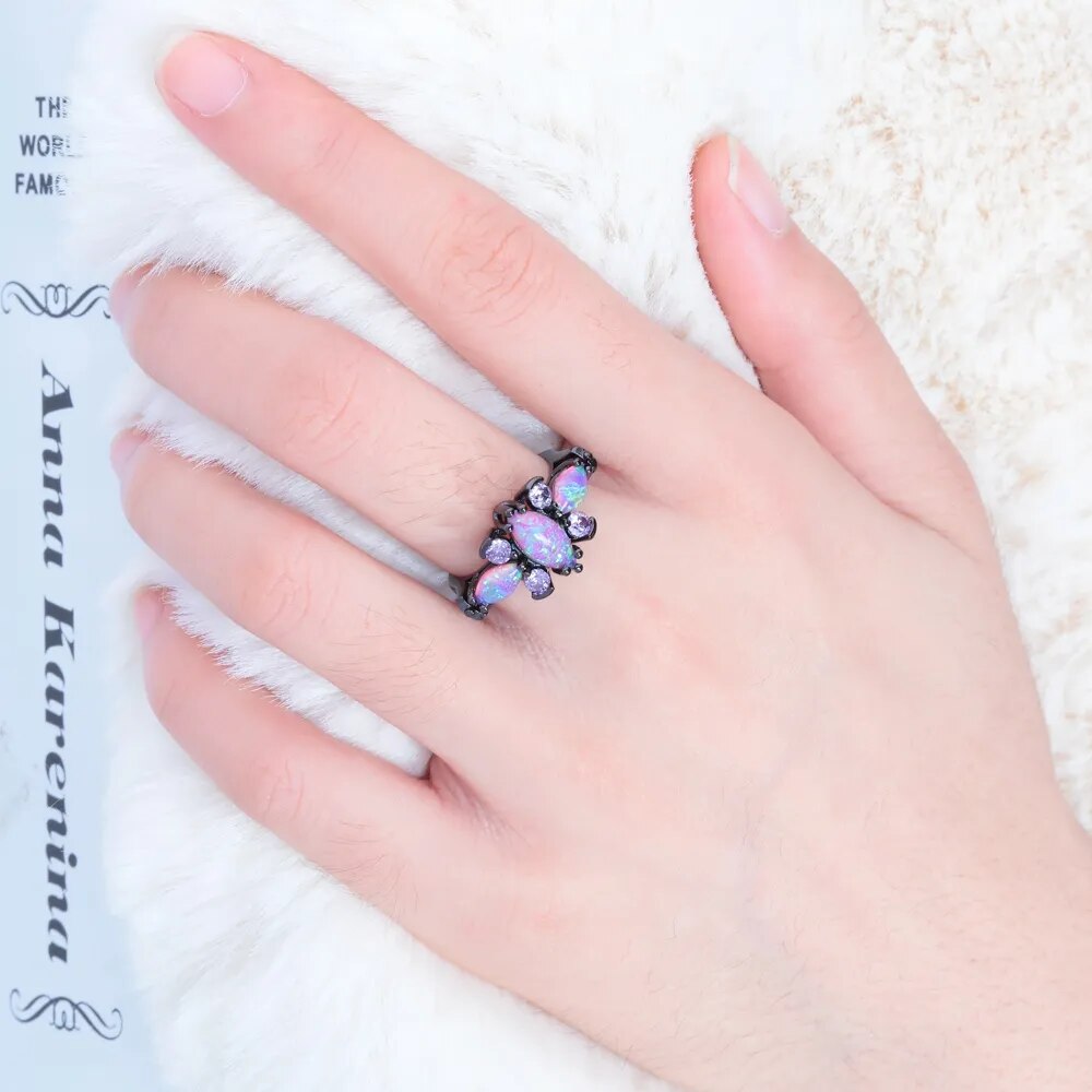 Butterfly Pink Big Fire Opal Black Gold Ring