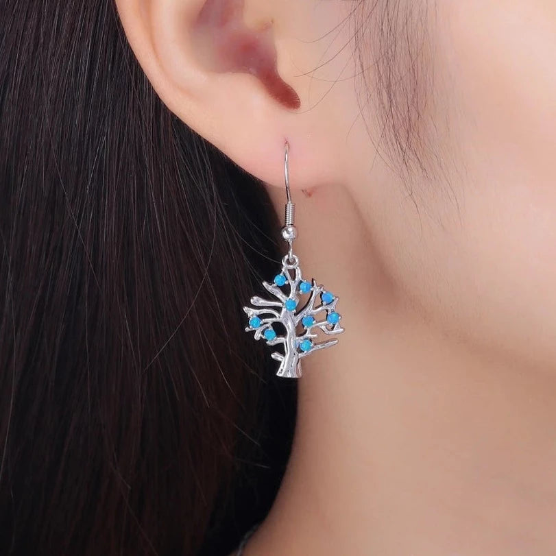 Life Tree Blue Fire Opal Silver Plated Earrings