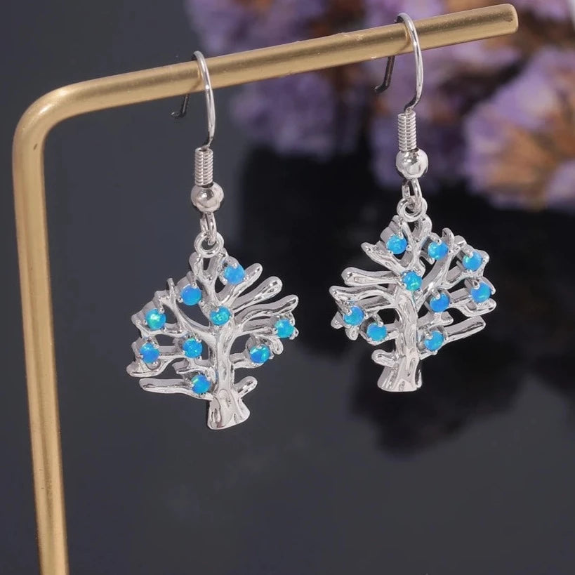 Life Tree Blue Fire Opal Silver Plated Earrings