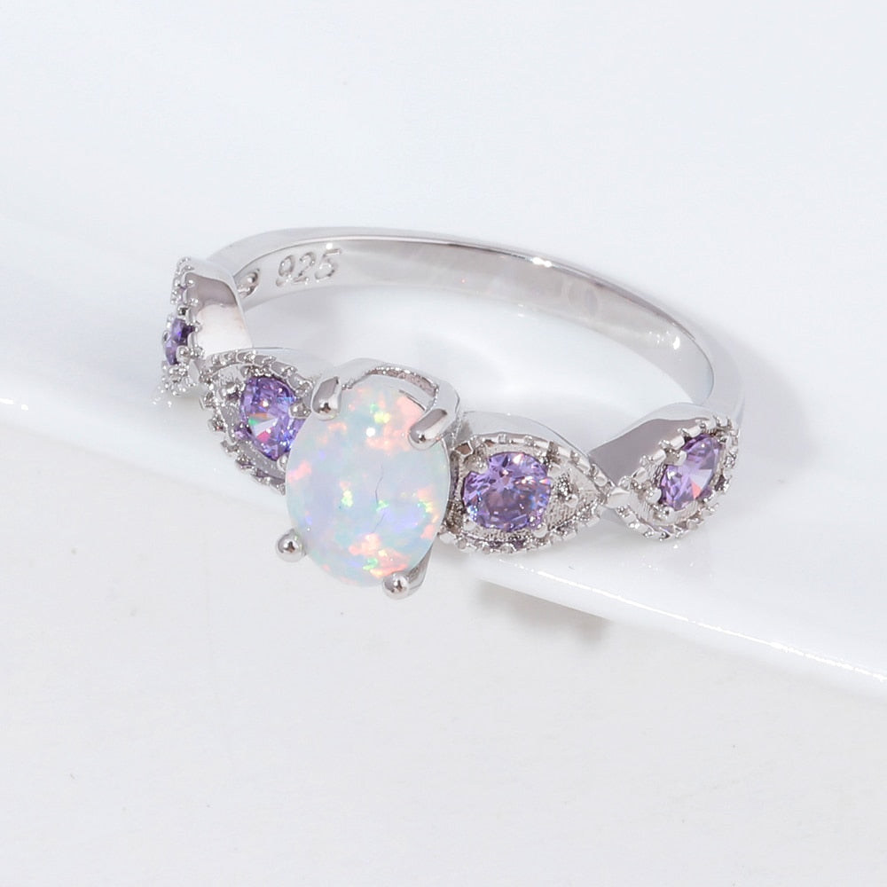 White Fire Opal Oval Stone Silver Ring - Rings - Pretland | Spiritual Crystals & Jewelry