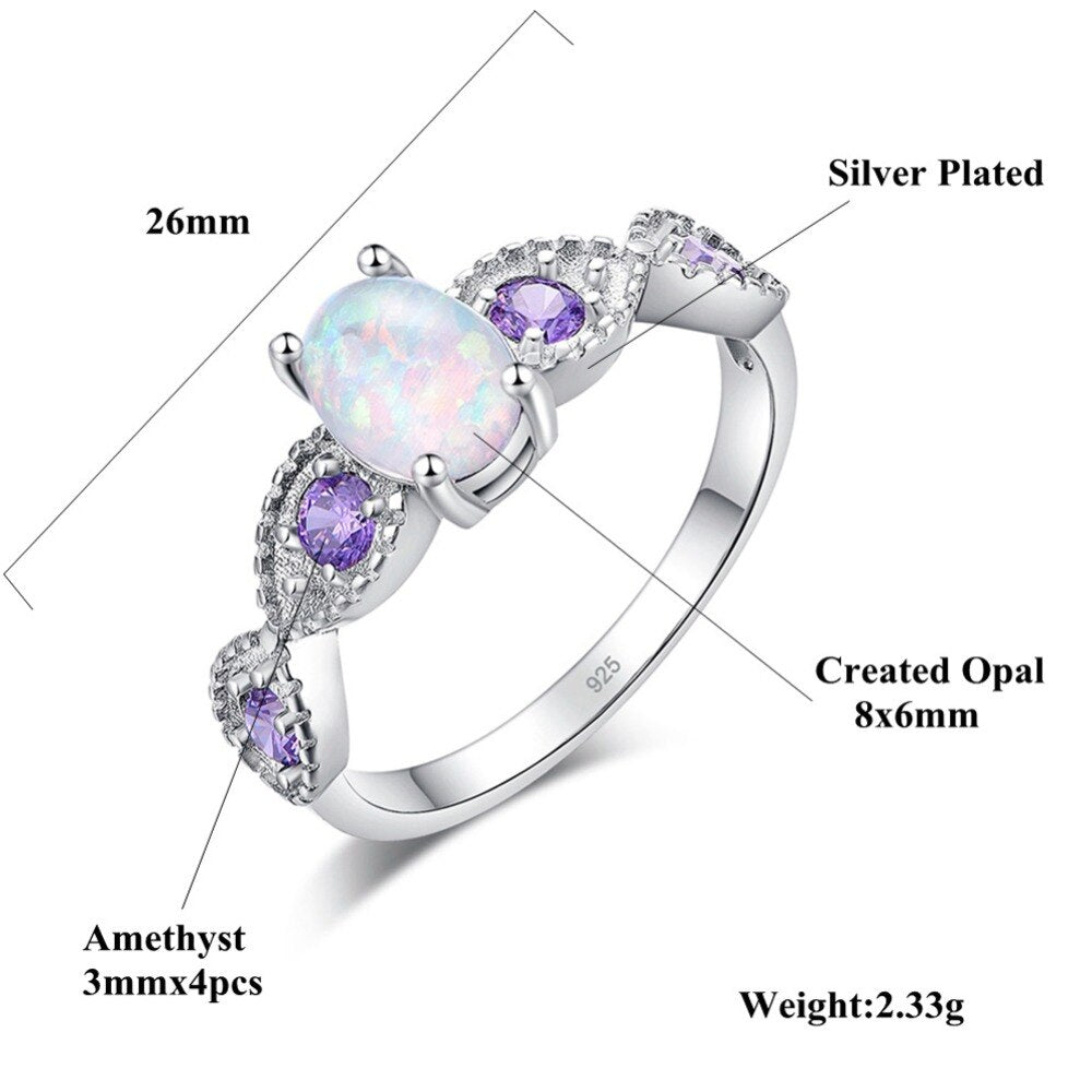 White Fire Opal Oval Stone Silver Ring - Rings - Pretland | Spiritual Crystals & Jewelry
