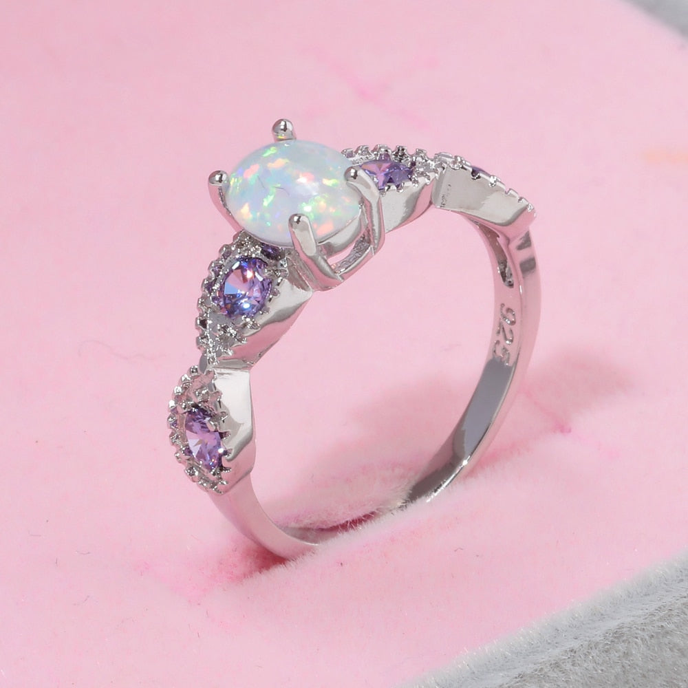 White Fire Opal Oval Stone Silver Ring - Rings - Pretland | Spiritual Crystals & Jewelry