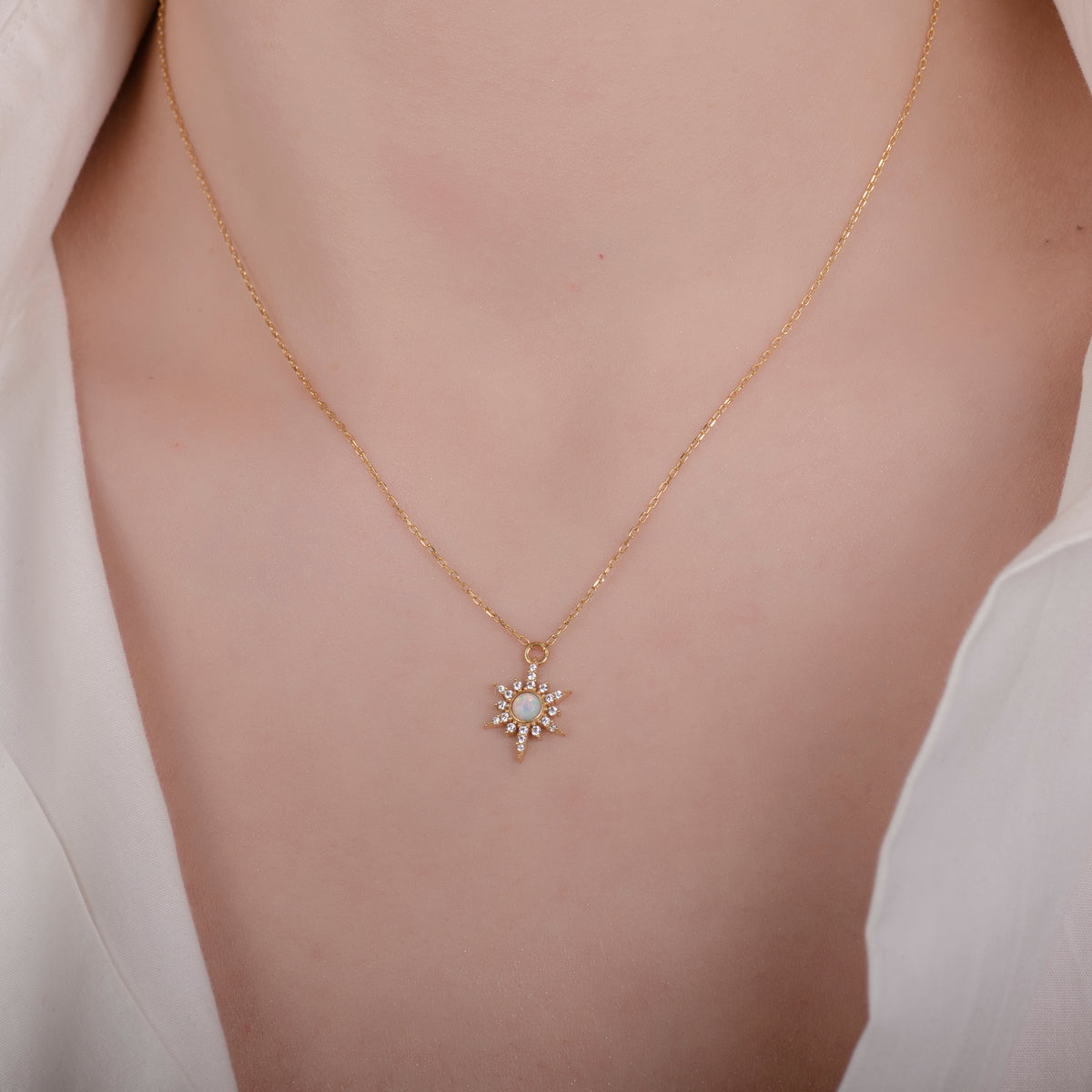 Sunstar White Opal 24K Gold Necklace - Gold Vermeil Necklace - Pretland | Spiritual Crystals & Jewelry