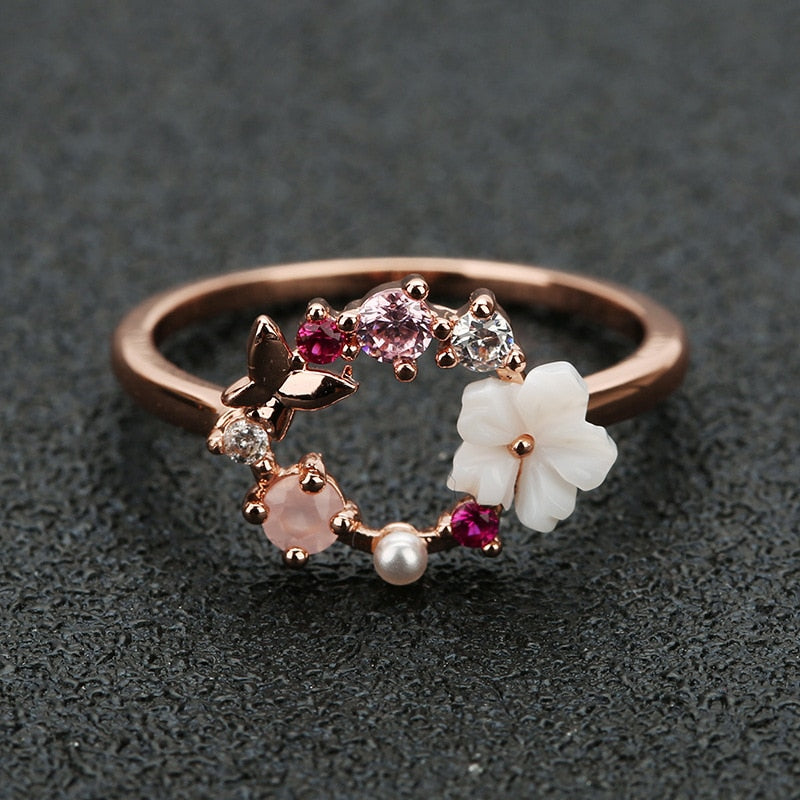 Happy Butterfly & Rose Ring - Rings - Pretland | Spiritual Crystals & Jewelry