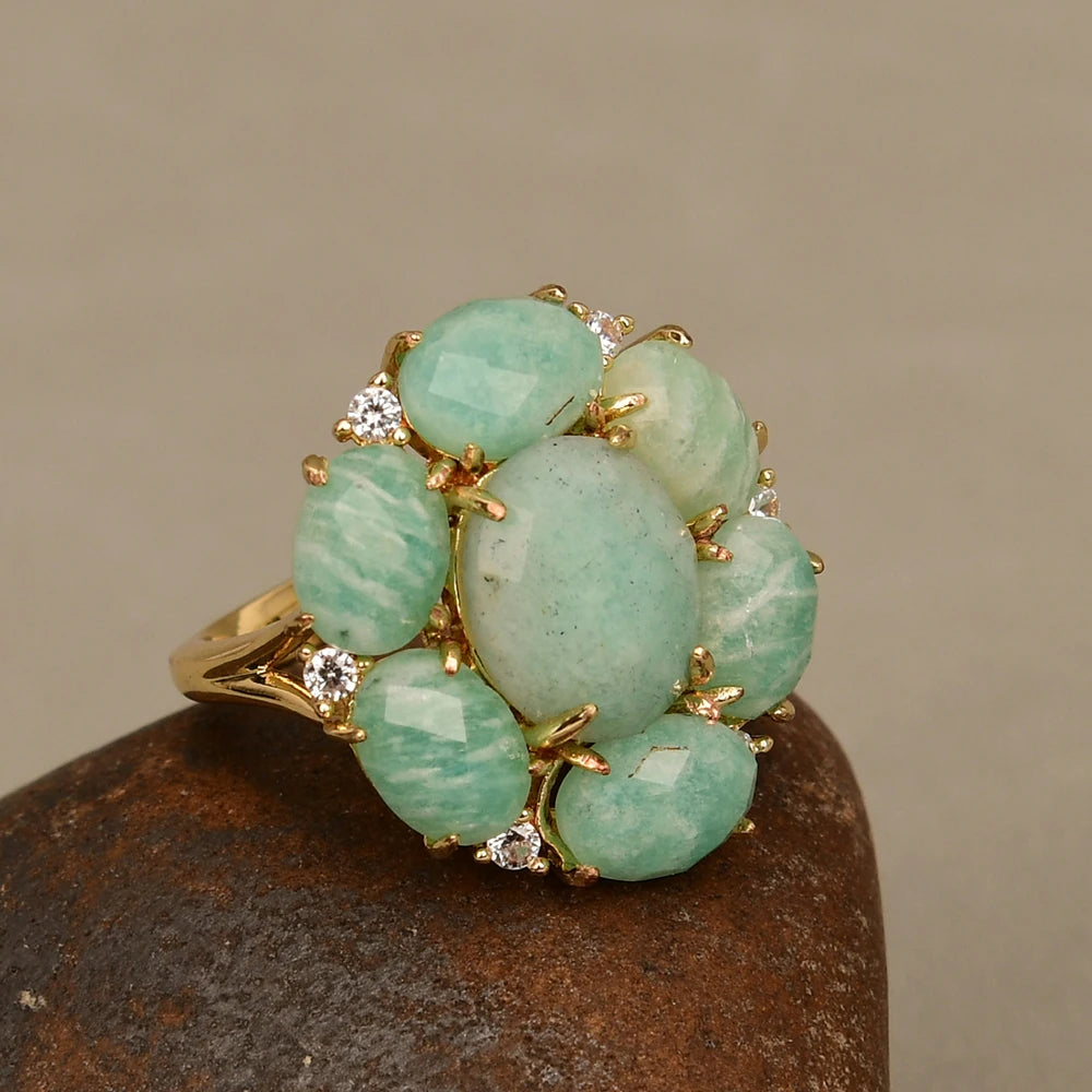 Natural Amazonite Blue Flower Ring